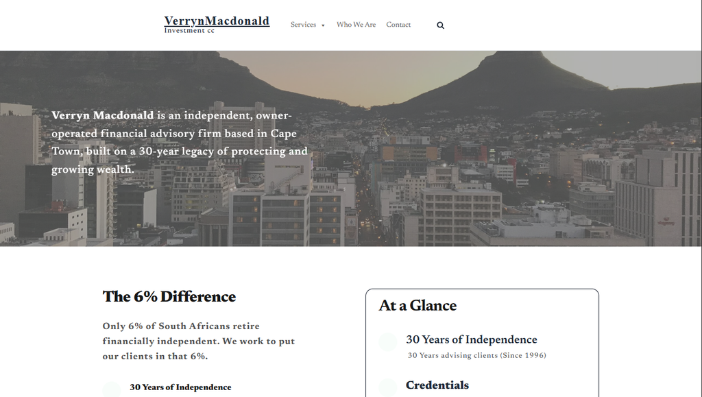 Web design for Verryn Macdonald financial advisory firm South Africa